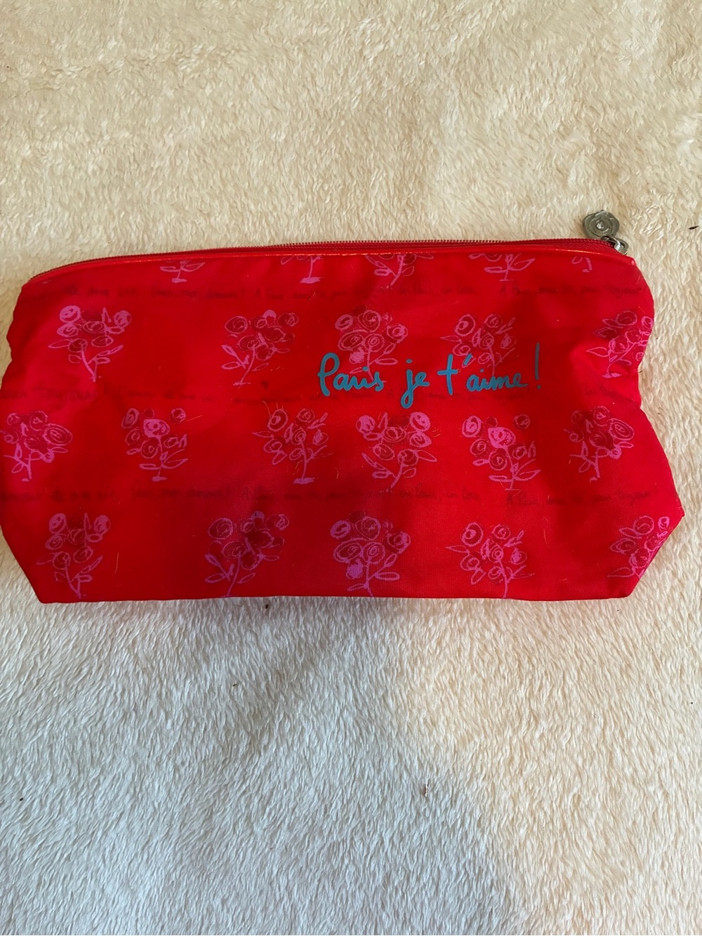 Lancome Red Floral Cosmetic Pouch with Blue Script